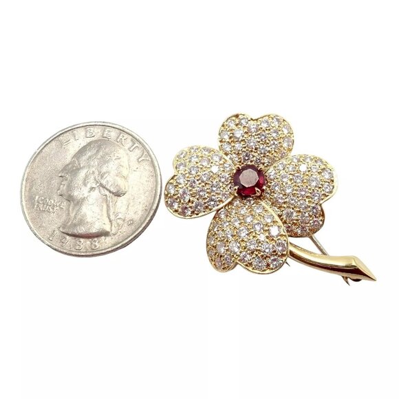 Vintage! Van Cleef & Arpels Cosmos 18k Yellow Gold Diamond Ruby Brooch Pendant - Picture 5 of 11